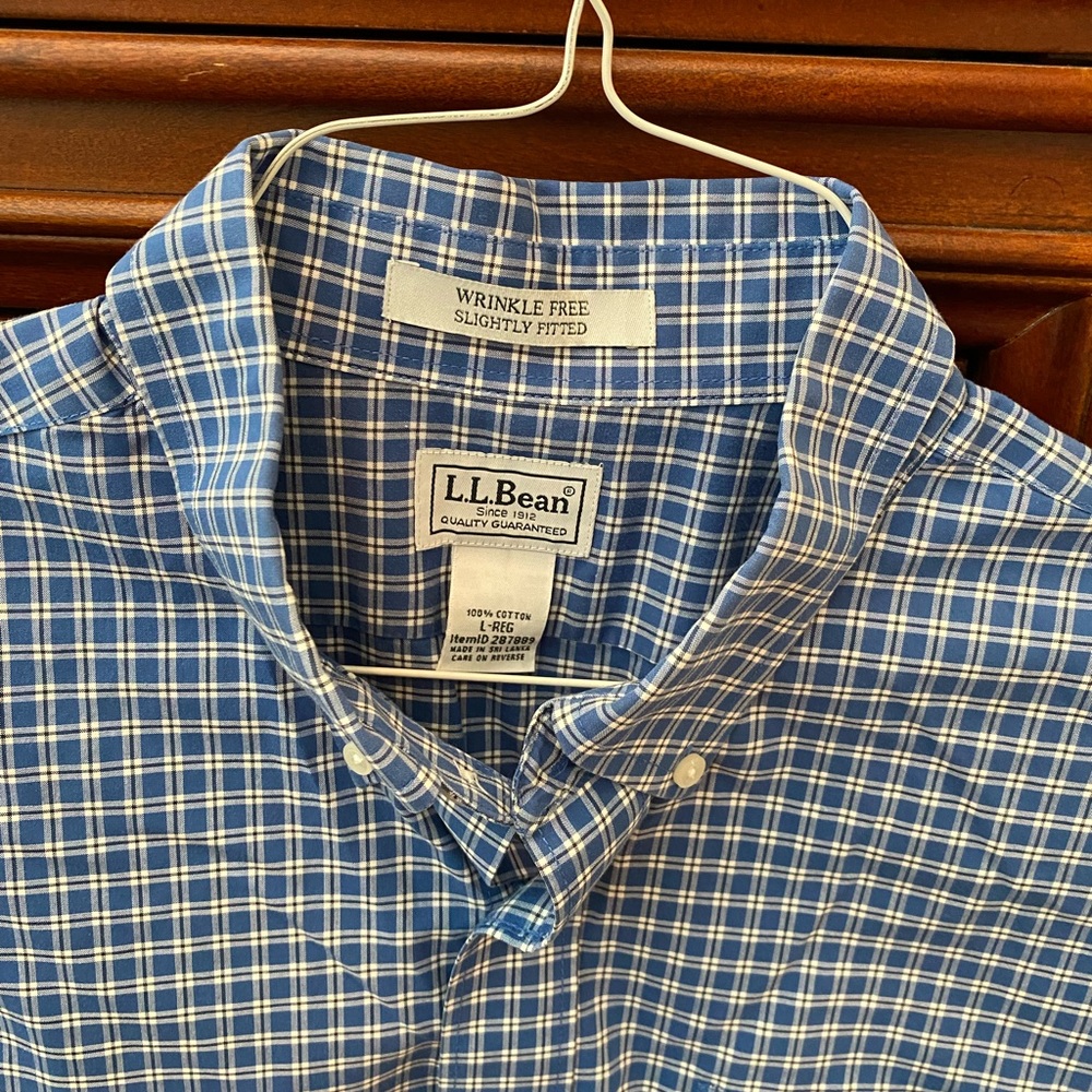 L.L.Bean blue & white plaid, cotton button-down, long sleeve shirt.  Size L.